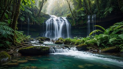 Fototapeta premium Tropical waterfall landscape with lush forest and clear water in high resolution.