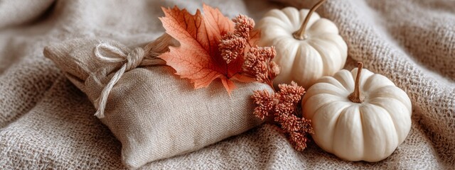 Fototapeta premium Coffee bag mockup resting on warm linen with decorative elements and seasonal accents