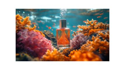 Perfume bottle submerged in colorful coral reef underwater scene.