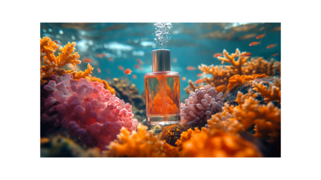Perfume bottle submerged in colorful coral reef underwater scene.