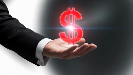 Man hand holding glowing red dollar sign with light flares, symbolizing financial growth and investment concept footage. - Powered by Adobe
