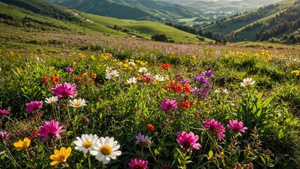 Obraz premium Spring meadow with blooming wildflowers under blue sky in high detail.