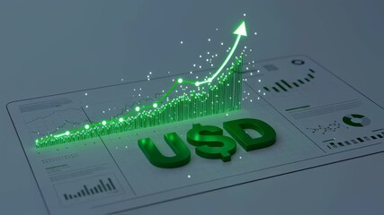 Green growing USD graph and charts with upward trend arrow symbolizing financial market growth and success footage. - Powered by Adobe