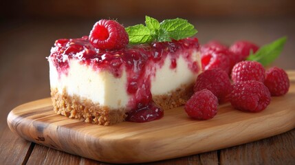 slice of raspberry cheesecake with a graham cracker crust and a mint garnish on a wooden board