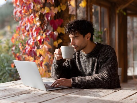 Young man works on laptop while sipping coffee in autumn Generative AI