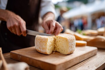 Vendor slices a wheel of artisan cheese at the harvest festival event Generative AI