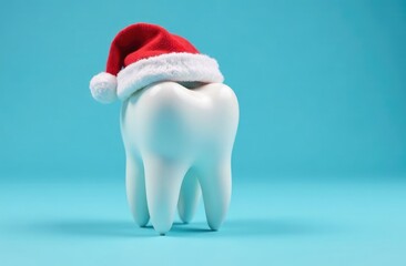 Christmas greeting card 2025. Figurine of a tooth with a Santa hat on blue background. Dental concept. Copy space for text
