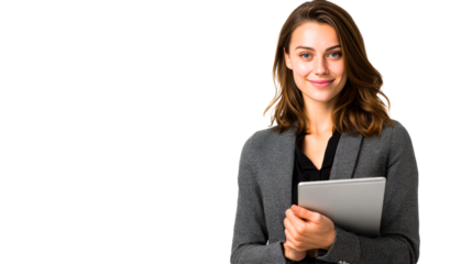 Smiling Young Woman Holding Tablet Computer PNG