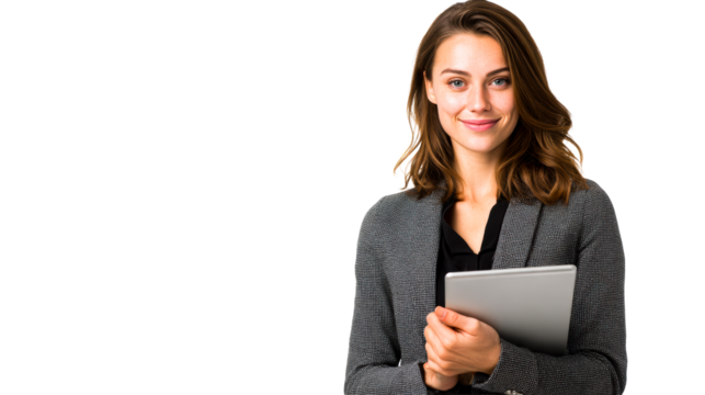 Smiling Young Woman Holding Tablet Computer PNG