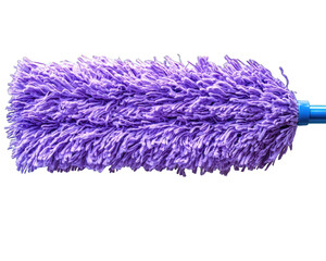 Purple duster head, fluffy bristles, on a handle