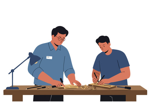 A father and son learn woodworking together at a workbench. Focused on mentorship and skill development. Warm, inviting scene.
