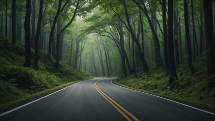 Obraz premium Hyper Realistic Winding Road Through a Dense Green Forest