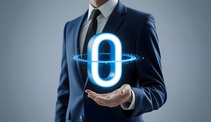 Businessman holding illuminated zero number representing concepts of technology and innovation