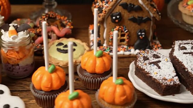 Halloween sweets spread pumpkin cupcakes ghost cookies gingerbread house