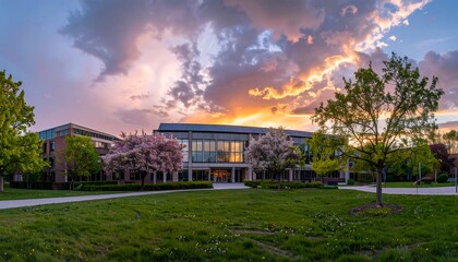 Panoramic view of a modern building at sunset