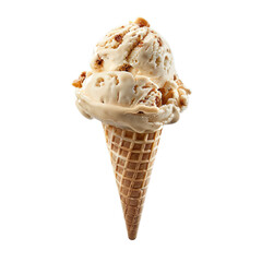 Two scoops of caramel ice cream with nuts in a waffle cone isolated on transparent background