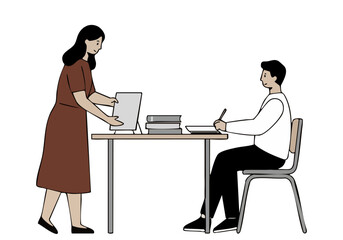 A woman assists a man at a desk with a laptop and papers. A professional setting, focused on guidance and support. Clean, modern aesthetic.