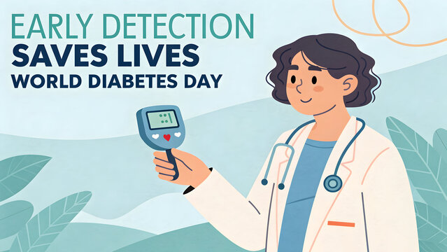 Doctor holding blood glucose meter with text early detection saves lives world diabetes day full hd 4k stock image download - Powered by Adobe