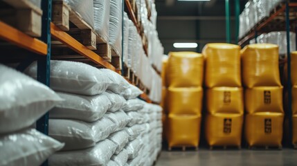 A warehouse interior shows stacks of large bags of product on orange metal shelving