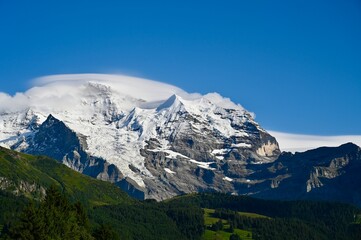 Picturesque Swiss Mountain Scenery in the Jungfrau Alps in Bernese Oberland with Eiger and Mönch and glacier