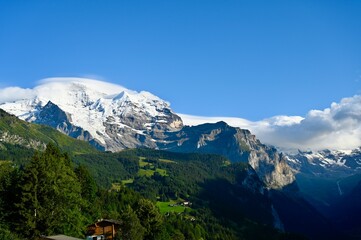 Picturesque Swiss Mountain Scenery in the Jungfrau Alps in Bernese Oberland with Eiger and Mönch and glacier