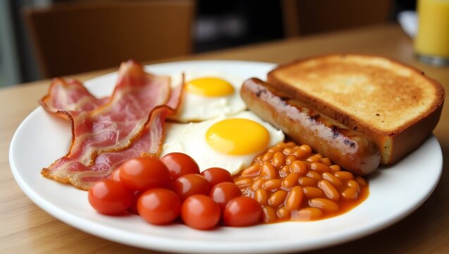A warm English breakfast with crispy bacon, eggs, sausages, baked beans, grilled tomatoes, and buttered toast on a white plate. - Powered by Adobe