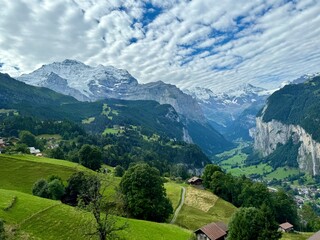 Picturesque Swiss Mountain Scenery in the Jungfrau Alps in Bernese Oberland with Eiger and Mönch and glacier in Lauterbrunnen valley and Wengen