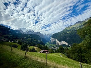 Picturesque Swiss Mountain Scenery in the Jungfrau Alps in Bernese Oberland with Eiger and Mönch and glacier in Lauterbrunnen valley and Wengen