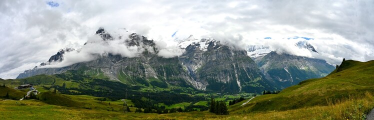 Picturesque Swiss Mountain Scenery in the Jungfrau Alps in Bernese Oberland with Eiger and Mönch and glacier