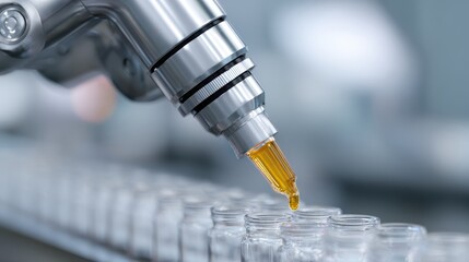 Close-up of a robotic arm precisely dispensing liquids in a high-throughput drug screening lab, automated research. Pharmaceutical, efficiency. Sterile, futuristic.