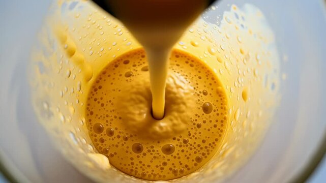 Mango lassi pouring smoothly, showcasing its creamy texture and bubbles in a clear glass