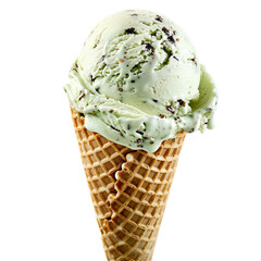 Mint chocolate chip ice cream cone isolated on transparent background