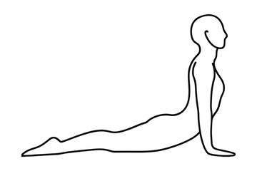 Minimalist continuous line drawing a person in Cobra yoga pose asana stretching