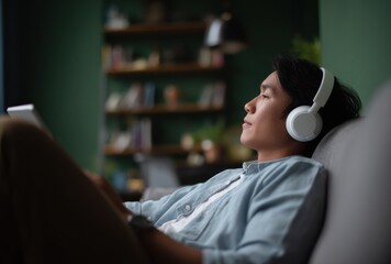 Side view of Asian man relaxing on sofa, wearing headphones and enjoying music, creating calm and peaceful atmosphere
