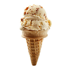 Double scoop ice cream cone with pecans and caramel swirls isolated on transparent background