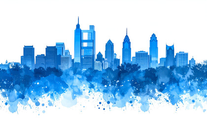 Blue Philadelphia Skyline Watercolor.