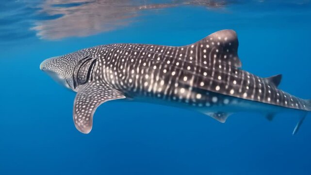 Whale Shark Swimming in Ocean - A gentle giant whale shark gracefully swims through the clear blue ocean water. Its back is covered in a distinctive pattern of white spots.