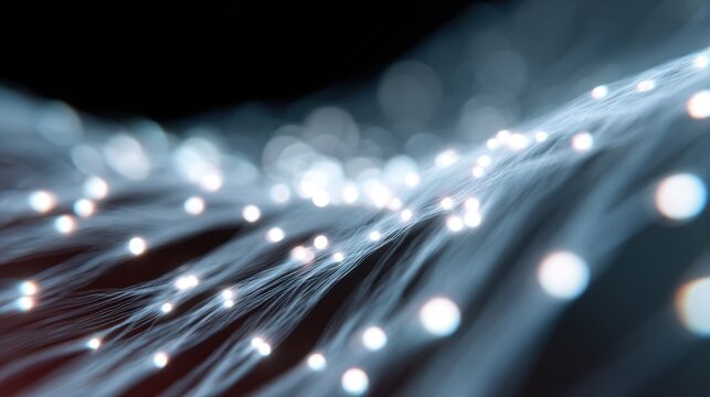 Abstract background: Flowing light particles forming a dynamic representation of online discussions and debates, digital discourse. Communication, dialogue.