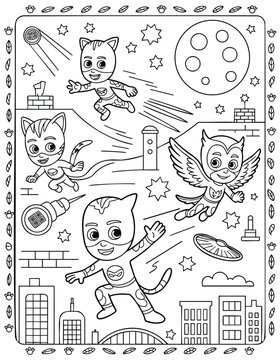 Catboy Coloring Page: Superhero Adventure Scene - Printable Kids Activity
