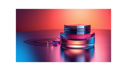 Luxury cosmetic cream jar with vibrant neon lighting on reflective surface.
