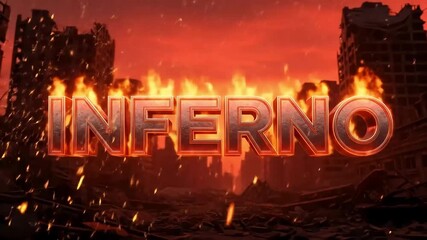 Inferno" in metallic lettering over a burning city backdrop, with fiery details and a dark, intense atmosphere - Powered by Adobe