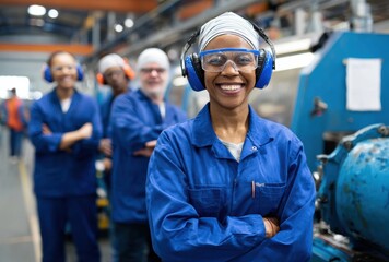 Confident Black woman engineer smiles in factory setting, wearing protective gear and blue uniform. She stands in front of colleagues, showcasing teamwork and professionalism