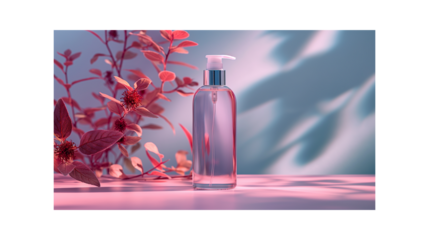 Transparent cosmetic pump bottle with pink foliage and artistic lighting.