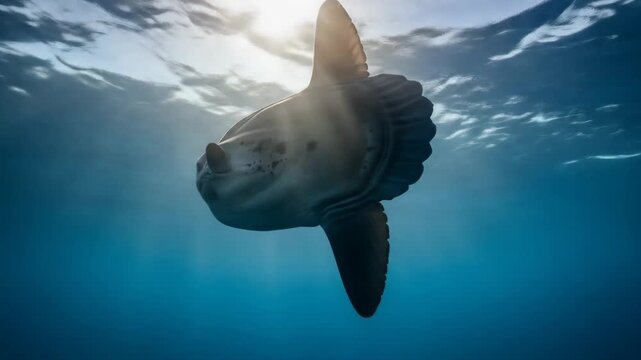 Ocean Sunfish Basking in Sunlight - A massive Ocean Sunfish (Mola mola) is seen from the side, gracefully floating near the water's surface.
