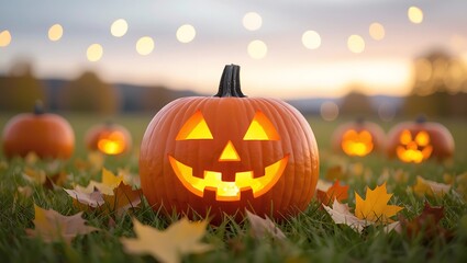 Illuminated Jack O Lanterns in a Field of Autumn Leaves Under a Twilight Sky halloween pumpkin
