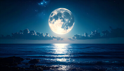 Full Moon over Calm Ocean Night.