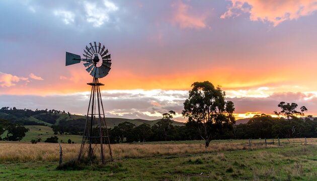 Old wind pump at sunset over a rural landscape.