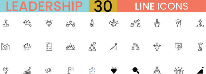 Leadership Line Icons Vector Set for teamwork, management, business strategy, corporate vision, success, and motivation design projects