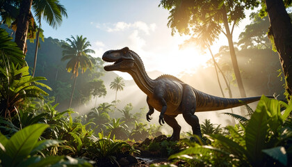 Dinosaur in Tropical Jungle Sunrise.