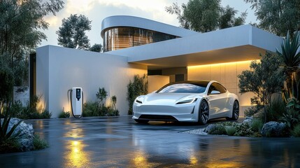 A sleek, white electric car charges in a modern home's carport, showcasing sustainable luxury living